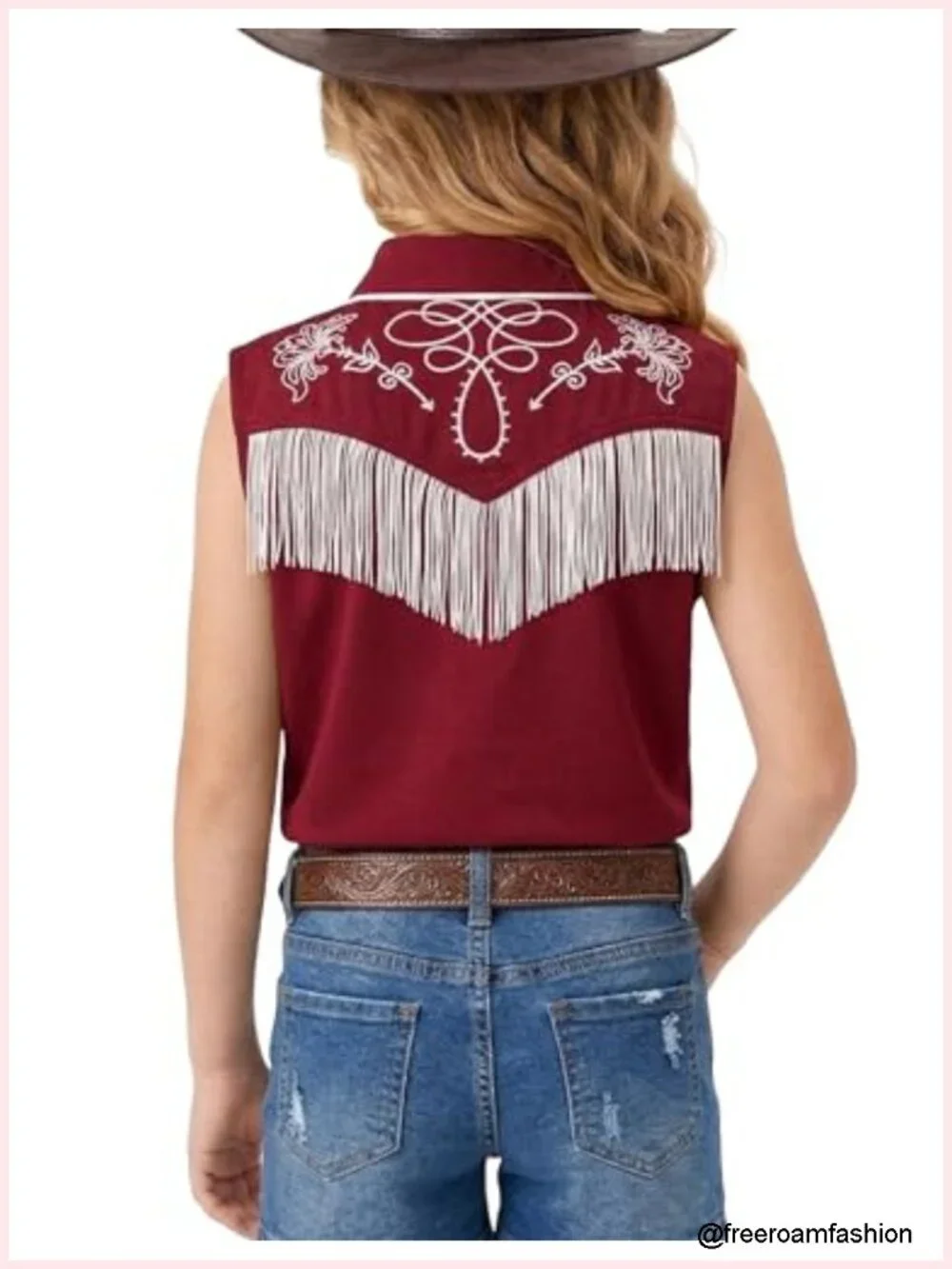 Sleeveless Fringe Cowgirl Blouse with Embroidered Collar Button Down